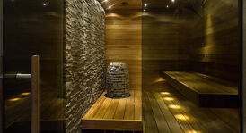 HUUM HIVE Mini design sauna heater in design sauna HUUM HIVE Mini in the sauna with glass front